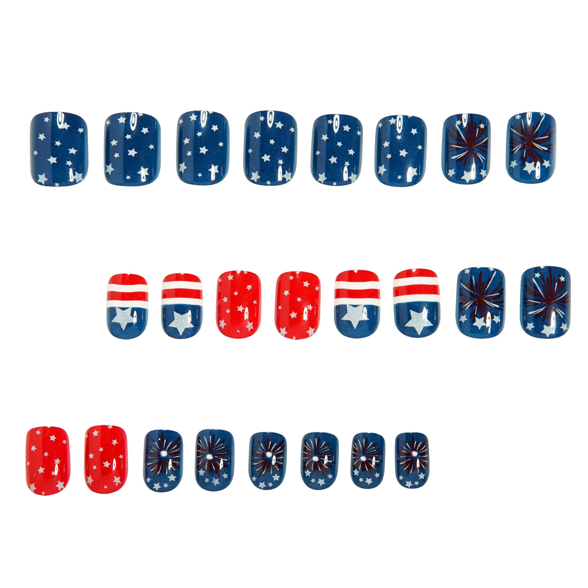 365nails : ongles press-on thème Fête de l'Indépendance — drapeau et feux d'artifice