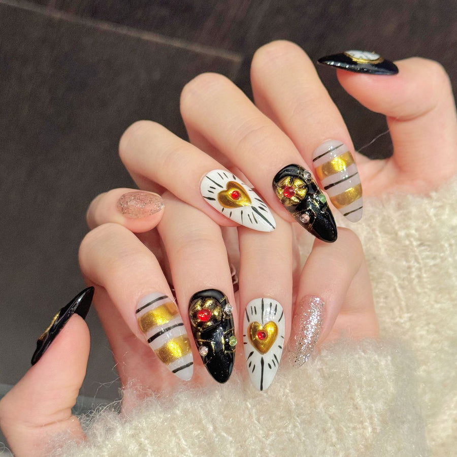 365nails: "Timeless Opulence" – 3D Watch & Heart Handmade Short Almond Nails