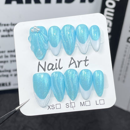 Mermaid Ji  French Almond Armor Simple Ocean Blue Shell Pattern Atmosphere Handmade press on nails｜365nails