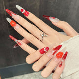 Red Floral Glitter Pearl Accent Elegant Press On Nails