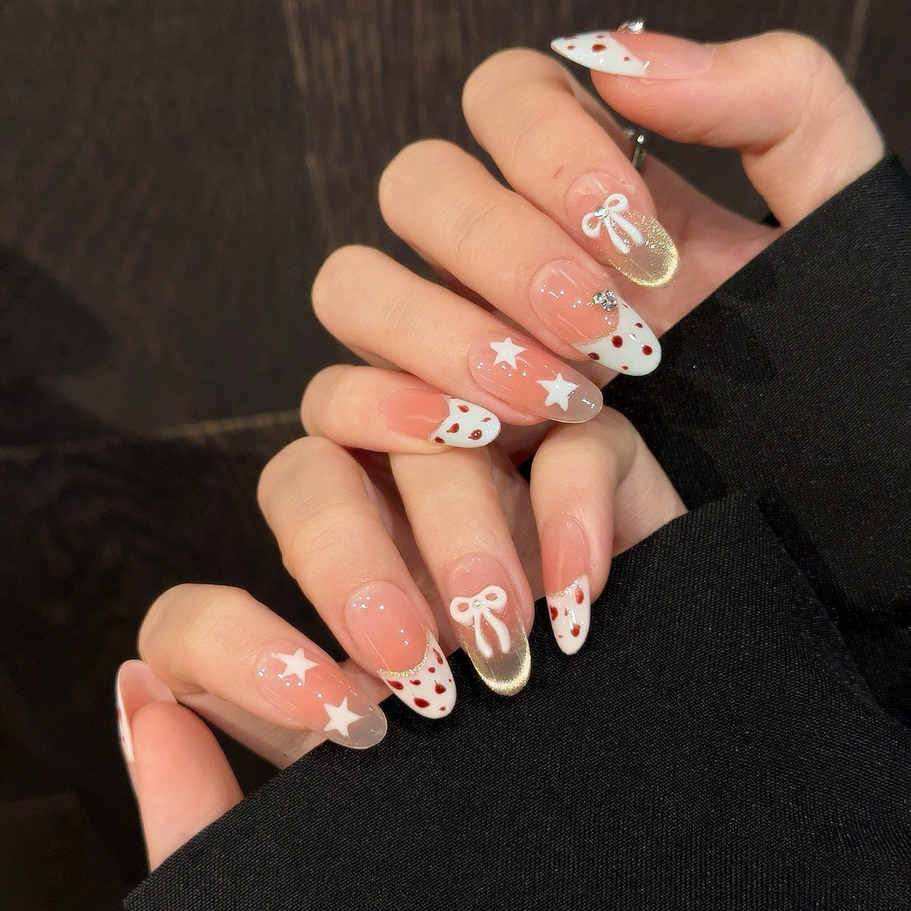 365nails: 수줍은 별 – 3D 리본 & 호피 패턴 수제 코핀형 네일