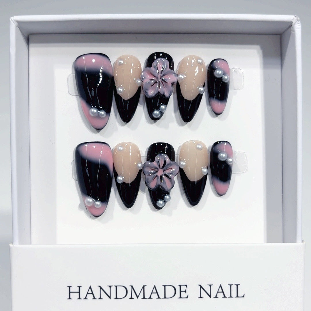 365nails: "午夜櫻花黑夜" – 中長款 杏仁形 黑粉漸層 3D花朵 手工製 穿戴甲