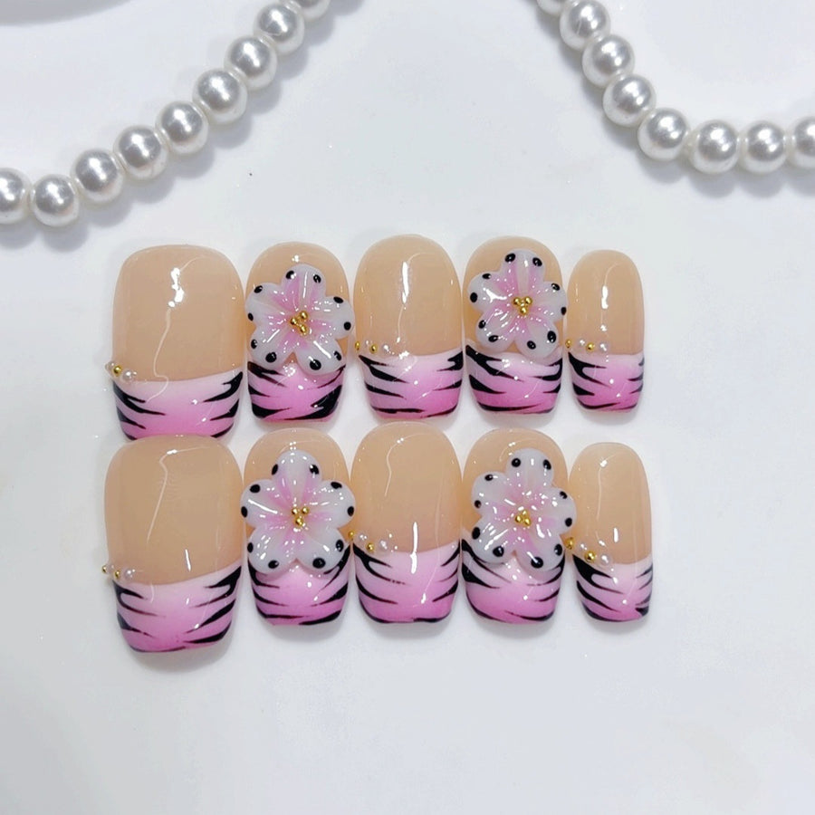 Wild Floral: "Pink Tiger Sakura" – Short Square Handmade Press-Ons