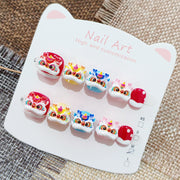 365Nails: "Auspicious Lion Dance" – Handmade Cute Short Oval Press On Nails With Chinese Lion Dance Design