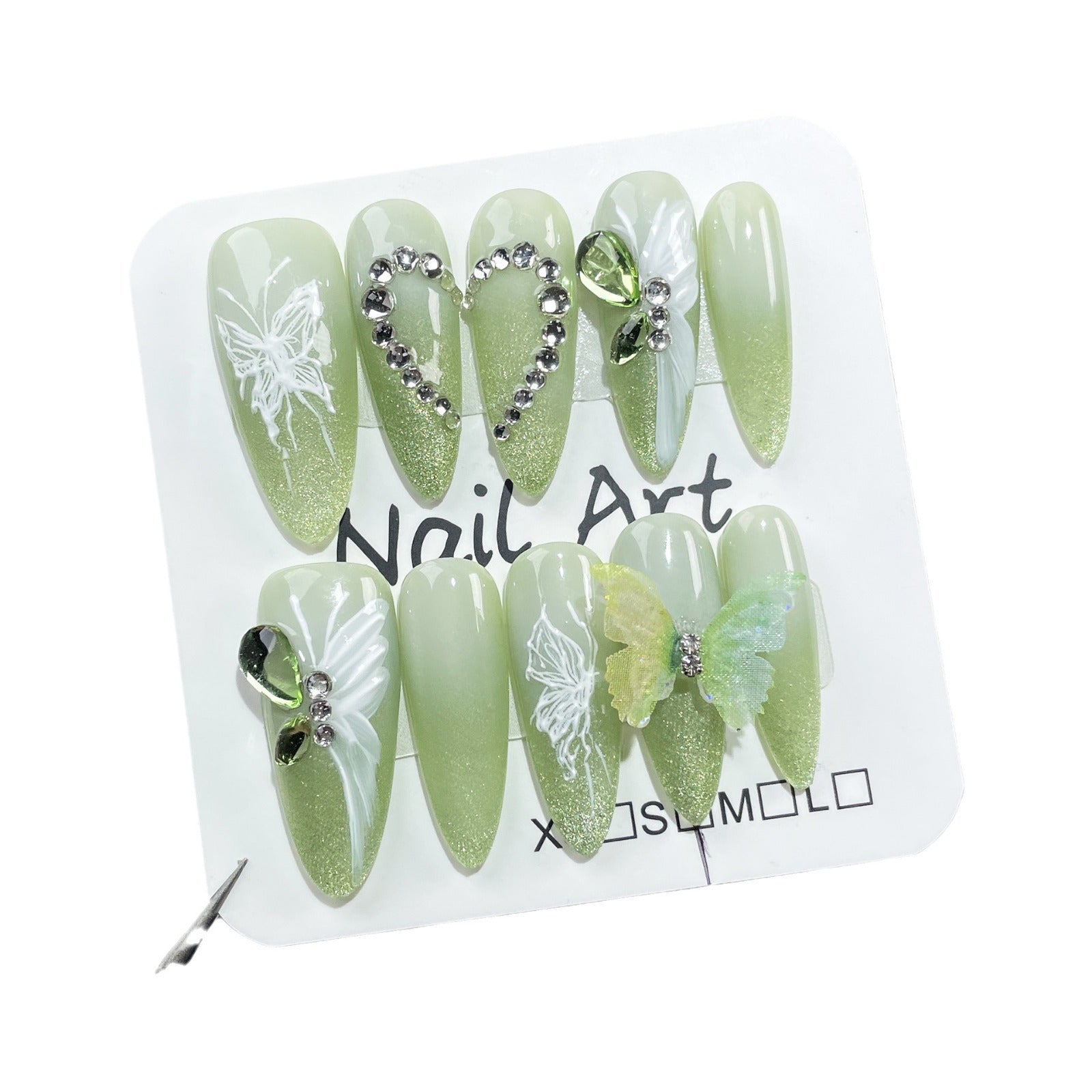 Green Shimmer Nails with 3D Butterfly Crystal Accents