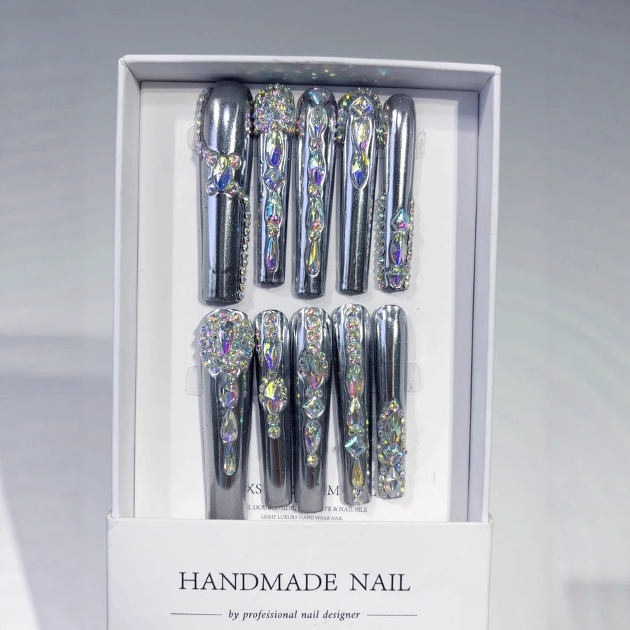Silver Chrome Crystal Luxe Statement Press On Nails