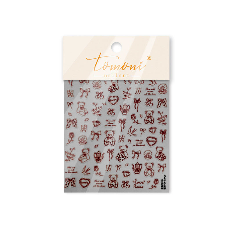 Vintage Teddy Bear: "Red Line Art" – 3D Embossed Nail Sticker
