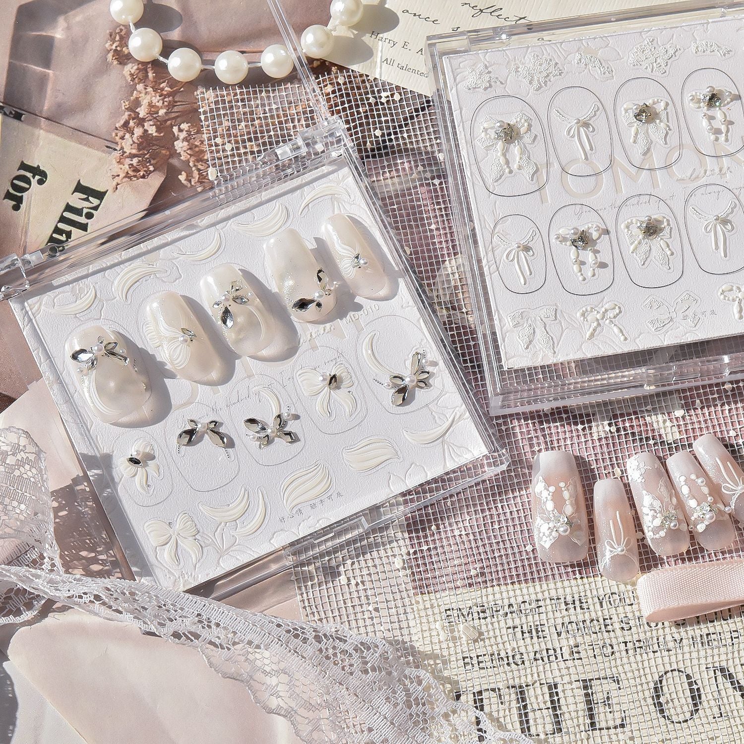 Pearl Bow & Lace Embroidery: "Bridal Crystal Charm" – 5D Embossed Nail Sticker