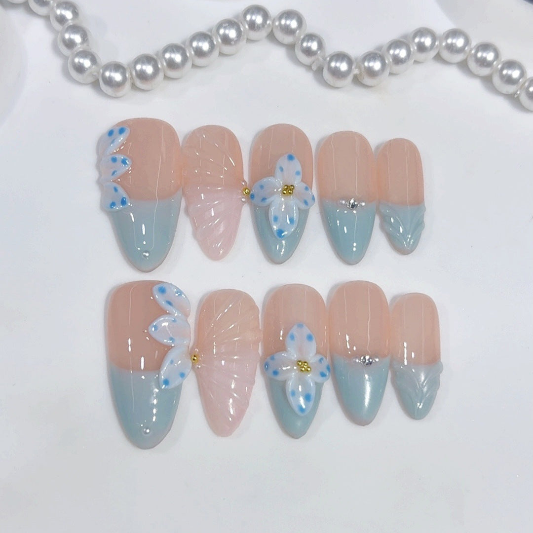 Ocean Breeze: "Floral Francês Azul" – Unhas Postiças Amêndoas