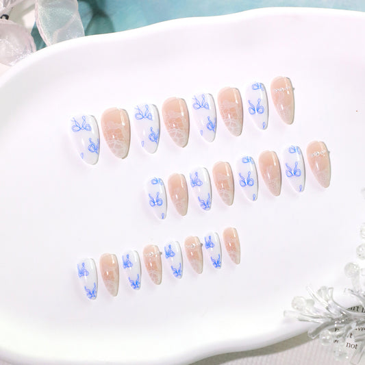 French blue bow press-on nails
