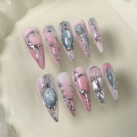 Handmade press-on nails powder silver dream two-color gradual change nail art Europe and the United States sweet cool metal  fake nail wholesale｜365nails