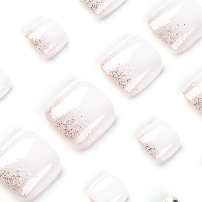 Nail piece Finished short white foot nail piece Wearable manicure patch Glitter rhinestone wearable nail piece Summer｜365nails