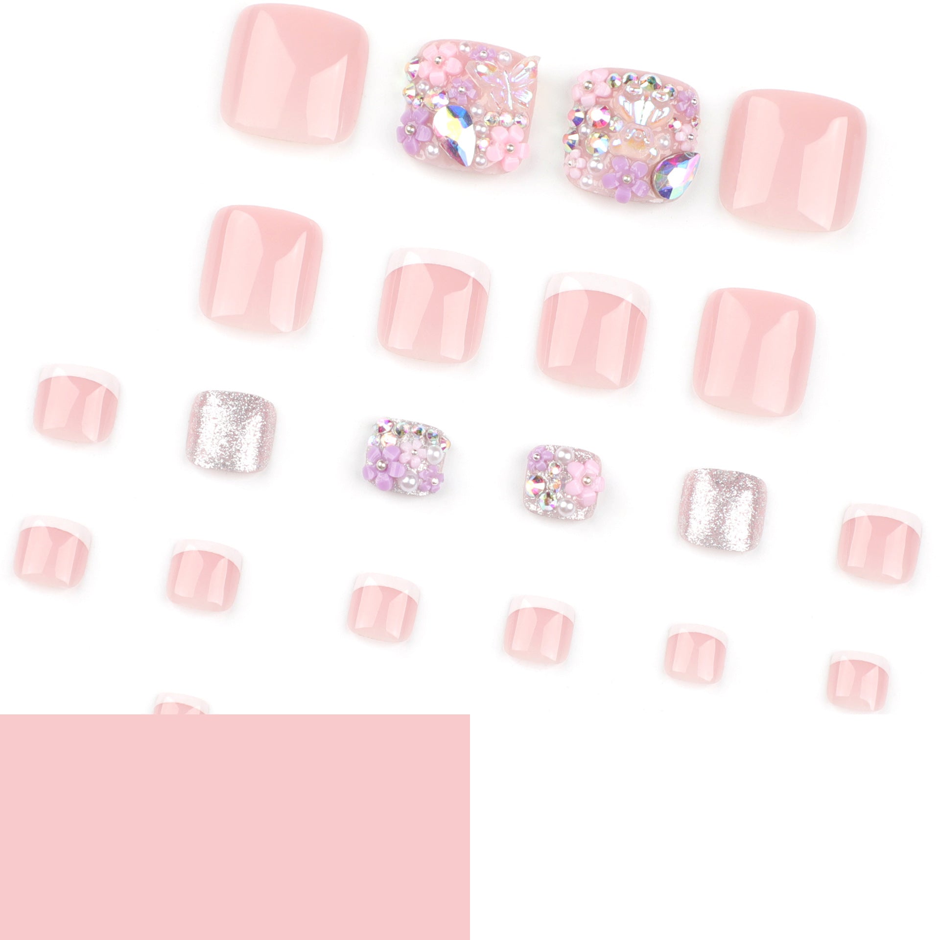 法式白 足部甲 立體點鑽花朵 閃鑽 短款 假甲｜365nails