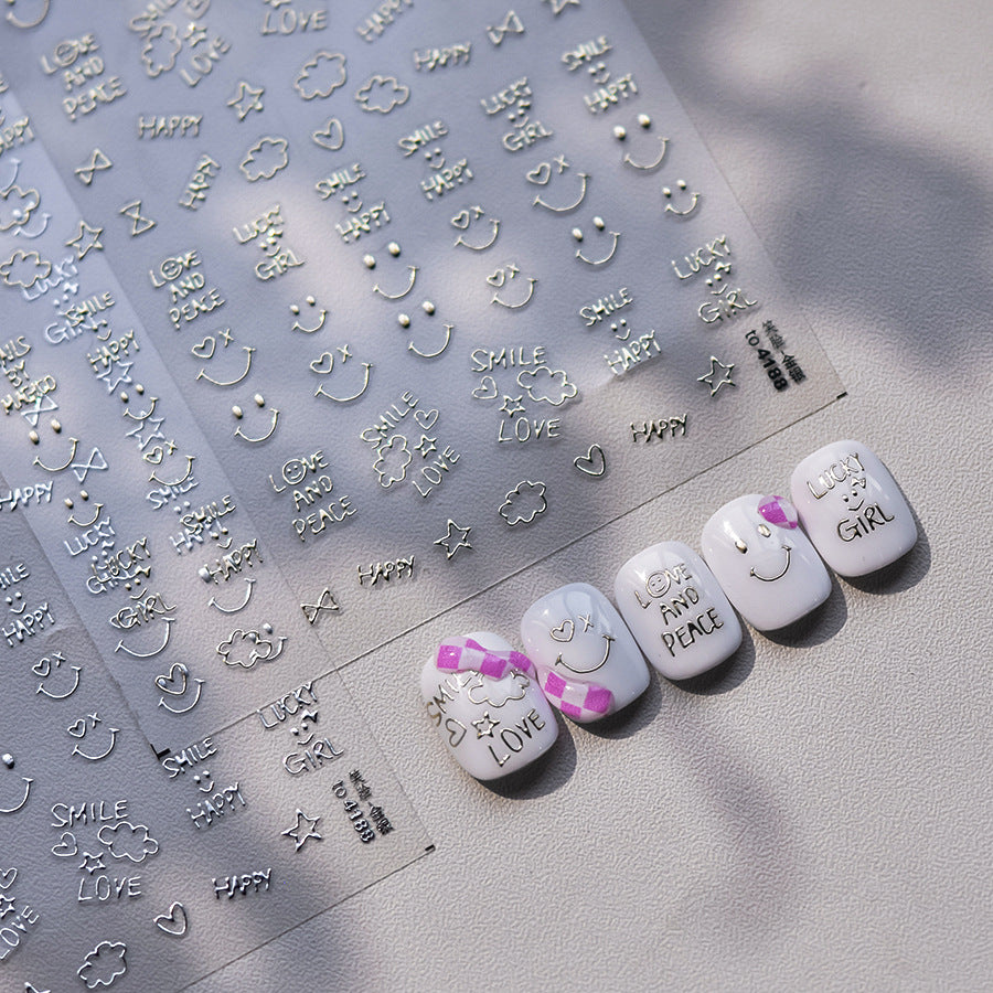 Silver Happy Icon Nail Stickers – 5D Embossed Minimalist Cheer Set