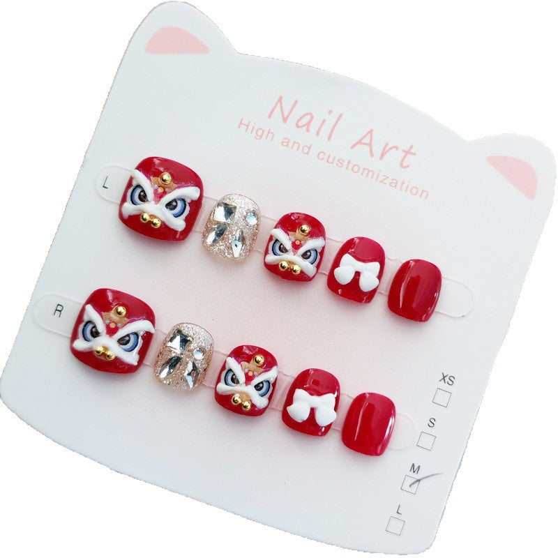 365nails: "auspicious snow lion dance" – short round handmade kids press-on nails
