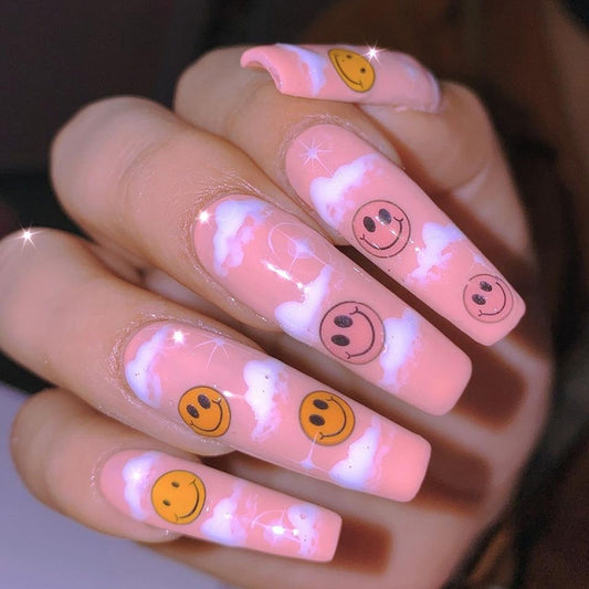 Wear nail long pink long ballet smiley face cloud nail patch Wear nail wholesale nail patch nail patch｜365nails