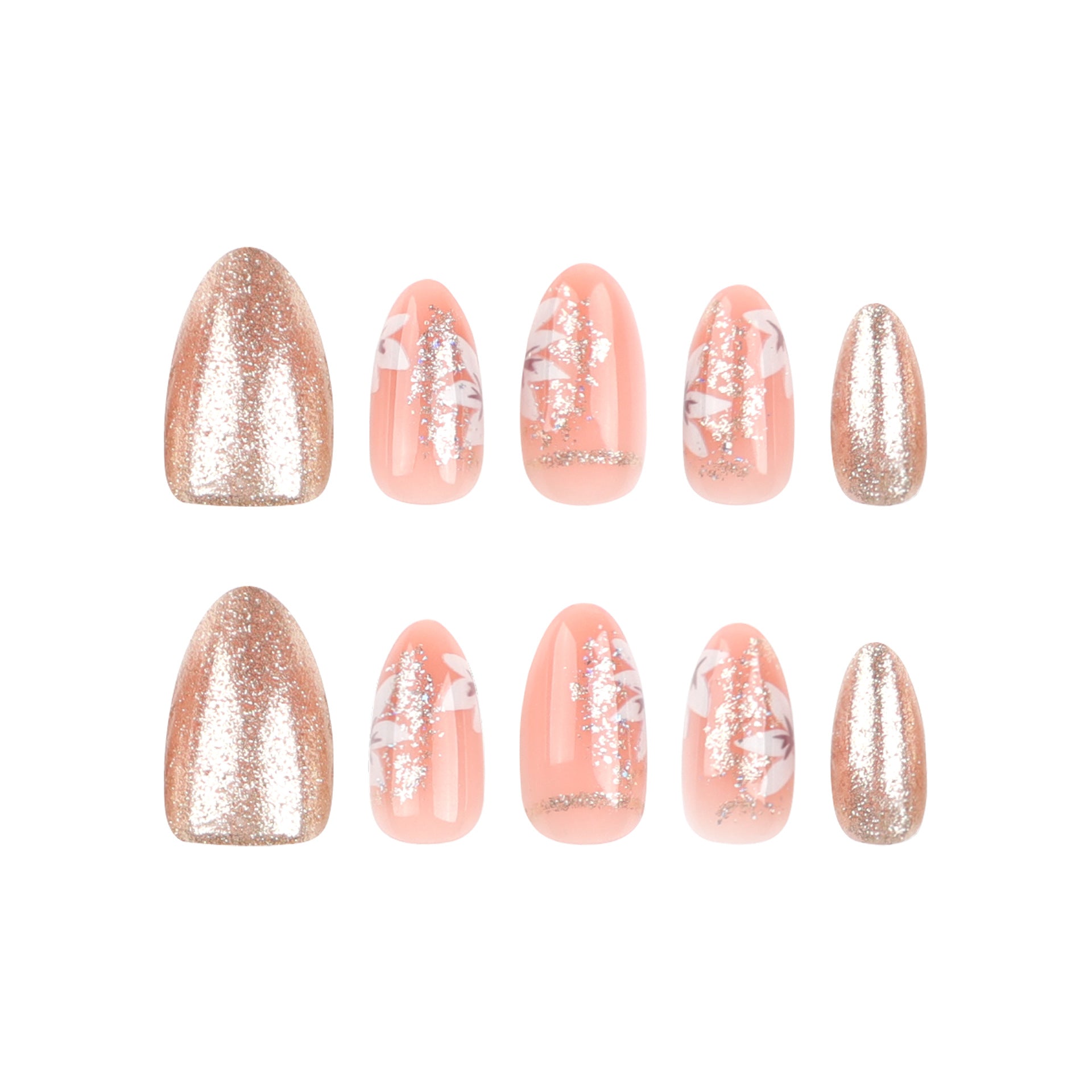 夏日小清新花朵美甲 杏仁形 金色亮粉 穿戴甲 批發｜365nails