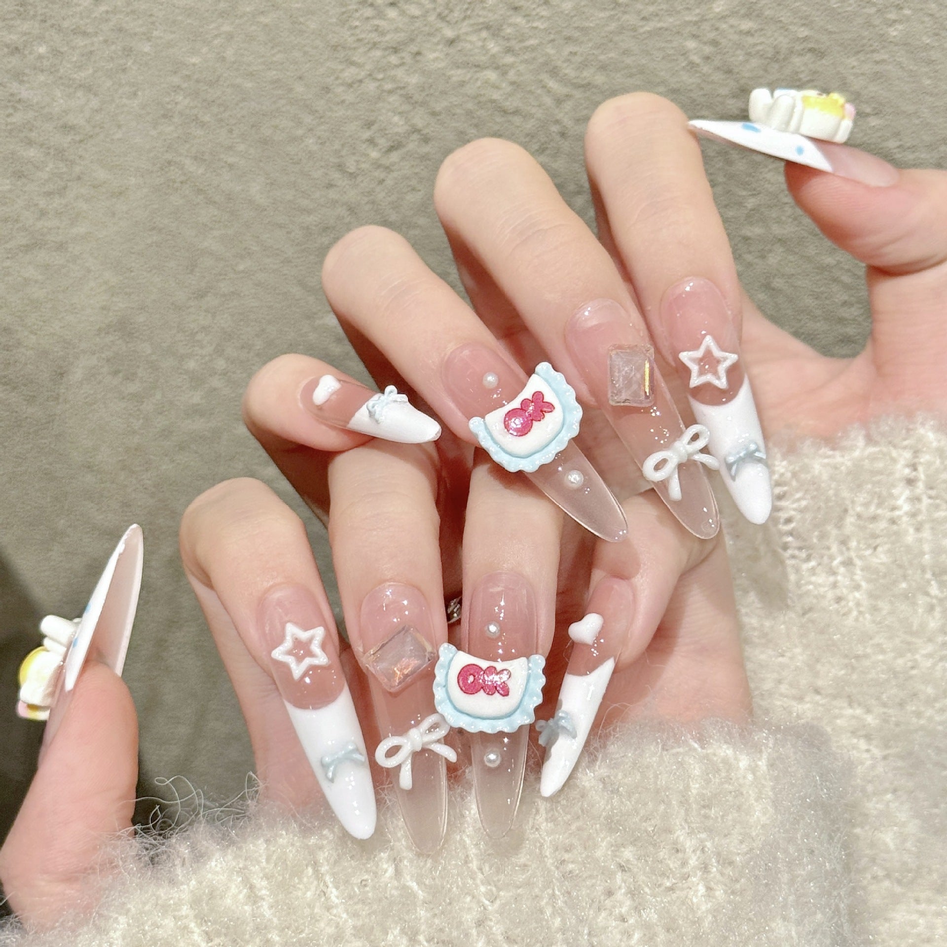 Cute Pastel Extra-Long Nails with Cartoon Charms