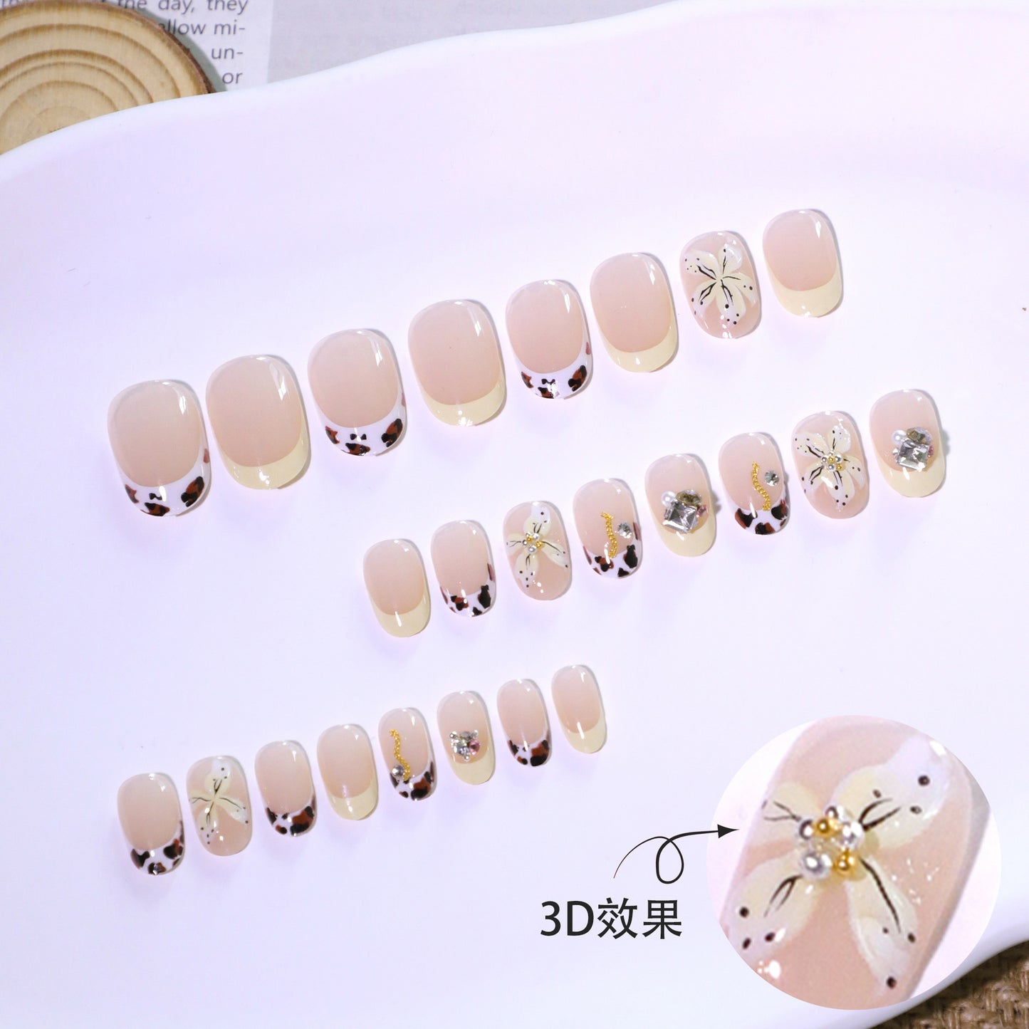 3D flower short almond press-on nails