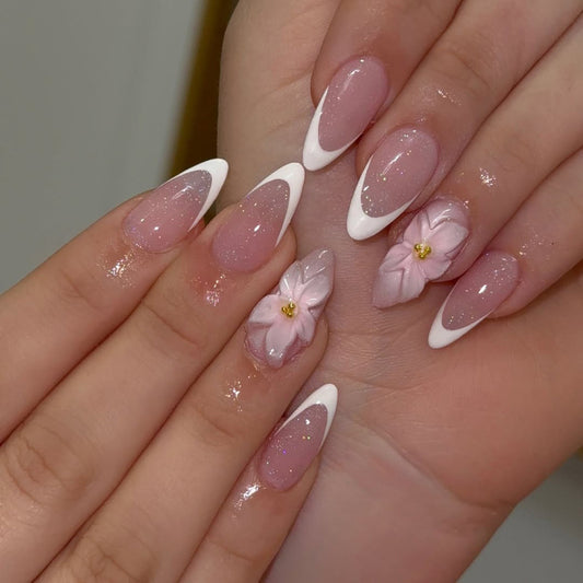 3D White Flower French Press-on nails【MOQ 5｜×5】
