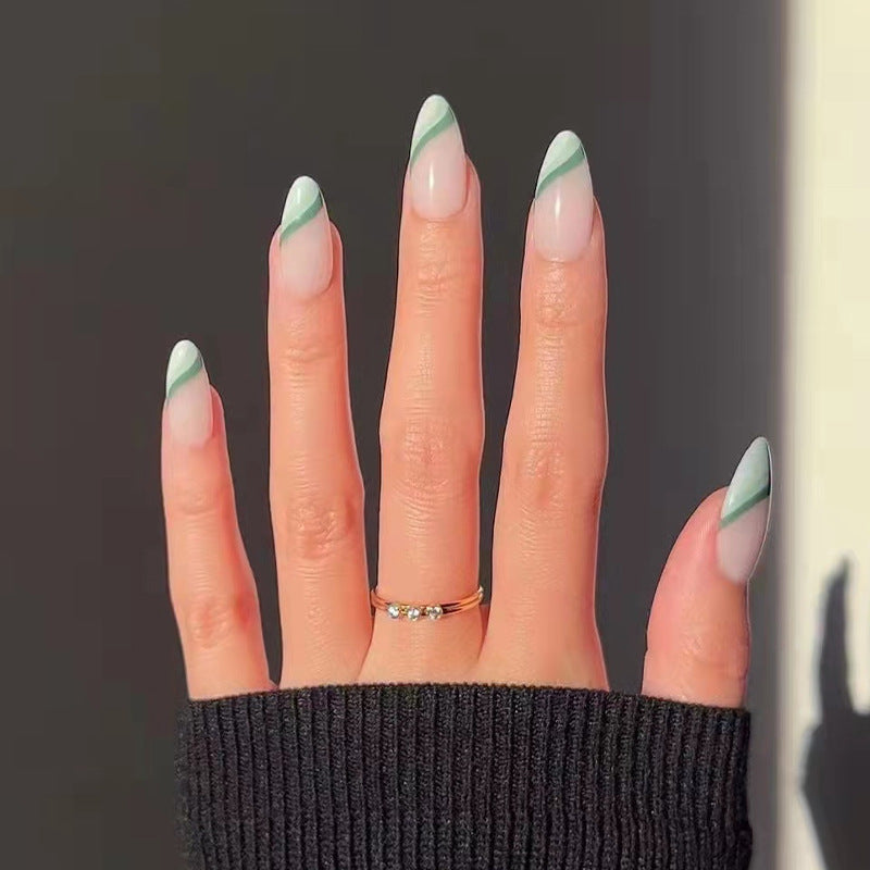 Uñas francesas biseladas de almendra, uñas postizas cortas de color verde camaleón, manicura con piezas repetibles, venta al por mayor de fábrica | 365nails