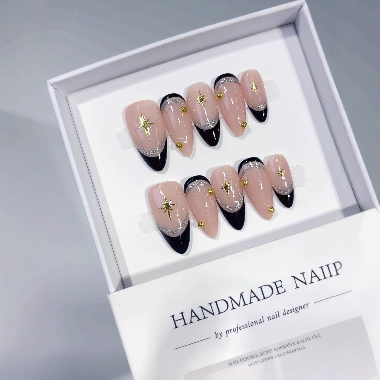 Celestial Noir: "Stellar Black French" – Almond Shape Handmade Press-On Nails