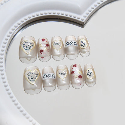 Nail Tips  prefabricated nail cartoon press on nails line puppy chasing light cat eye three-dimensional nail short T nail patch ｜365nails