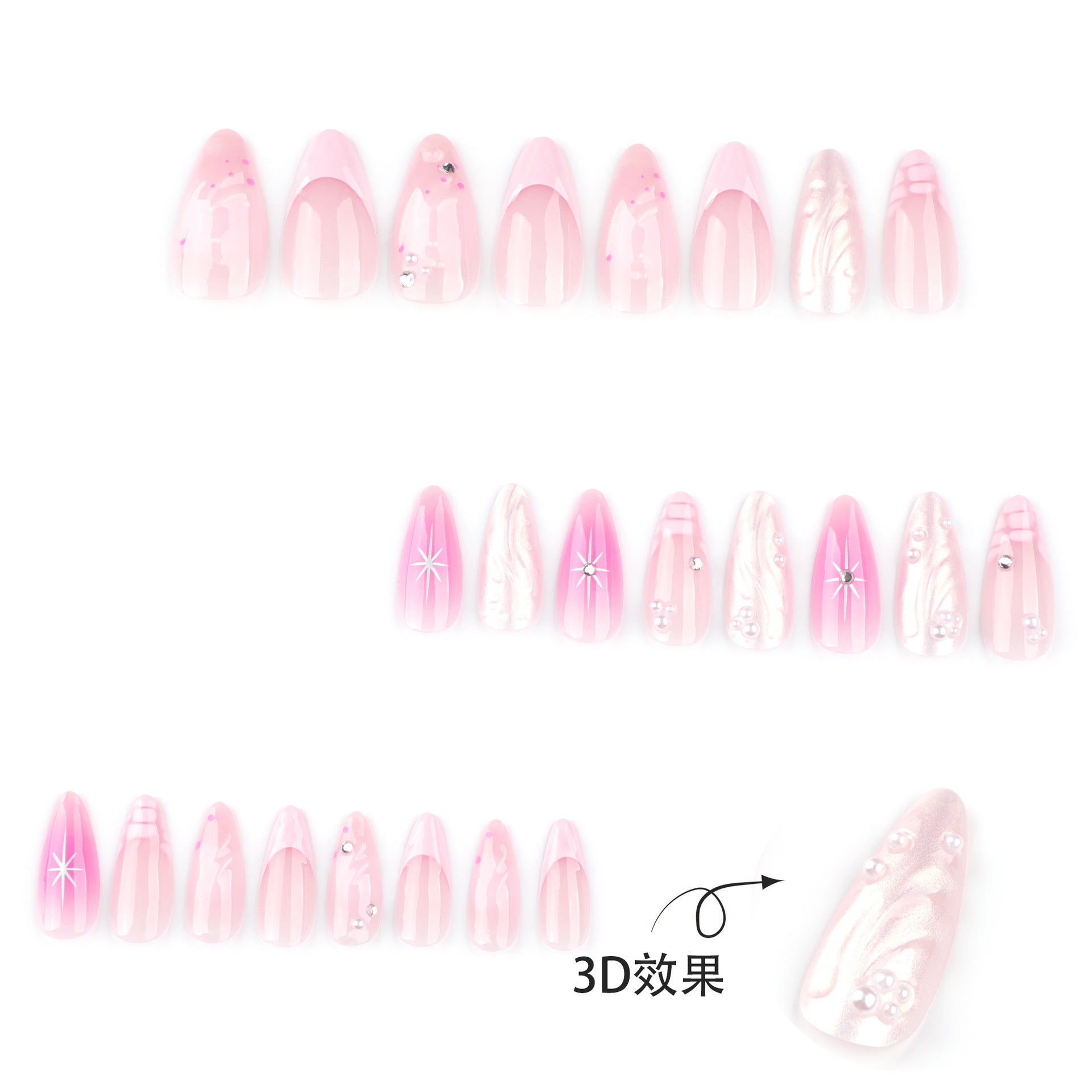 Unhas postiças removíveis com efeito de ondulação de água francesa 3D, curtas, com película de amêndoa, mais vendidas na Europa e América｜365nails