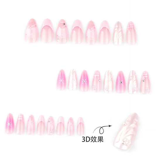 Unhas postiças removíveis com efeito de ondulação de água francesa 3D, curtas, com película de amêndoa, mais vendidas na Europa e América｜365nails