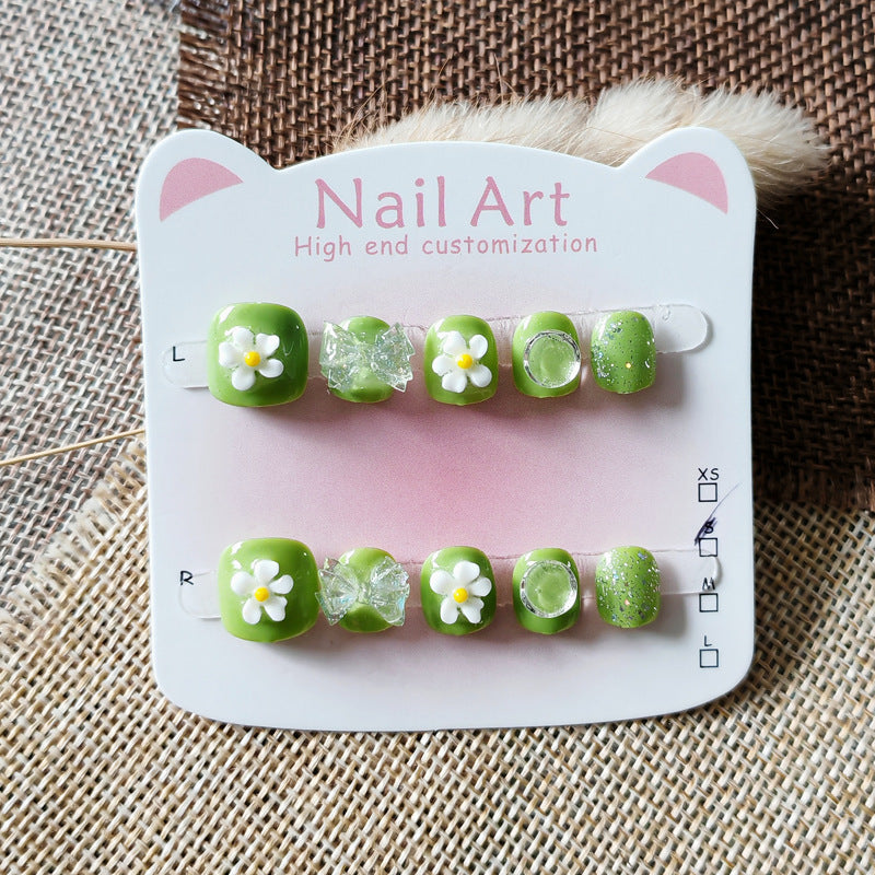 365nails-Daisy Green Kids Series: "Fresh Daisy Spring" – Short Square Kids Nail Art