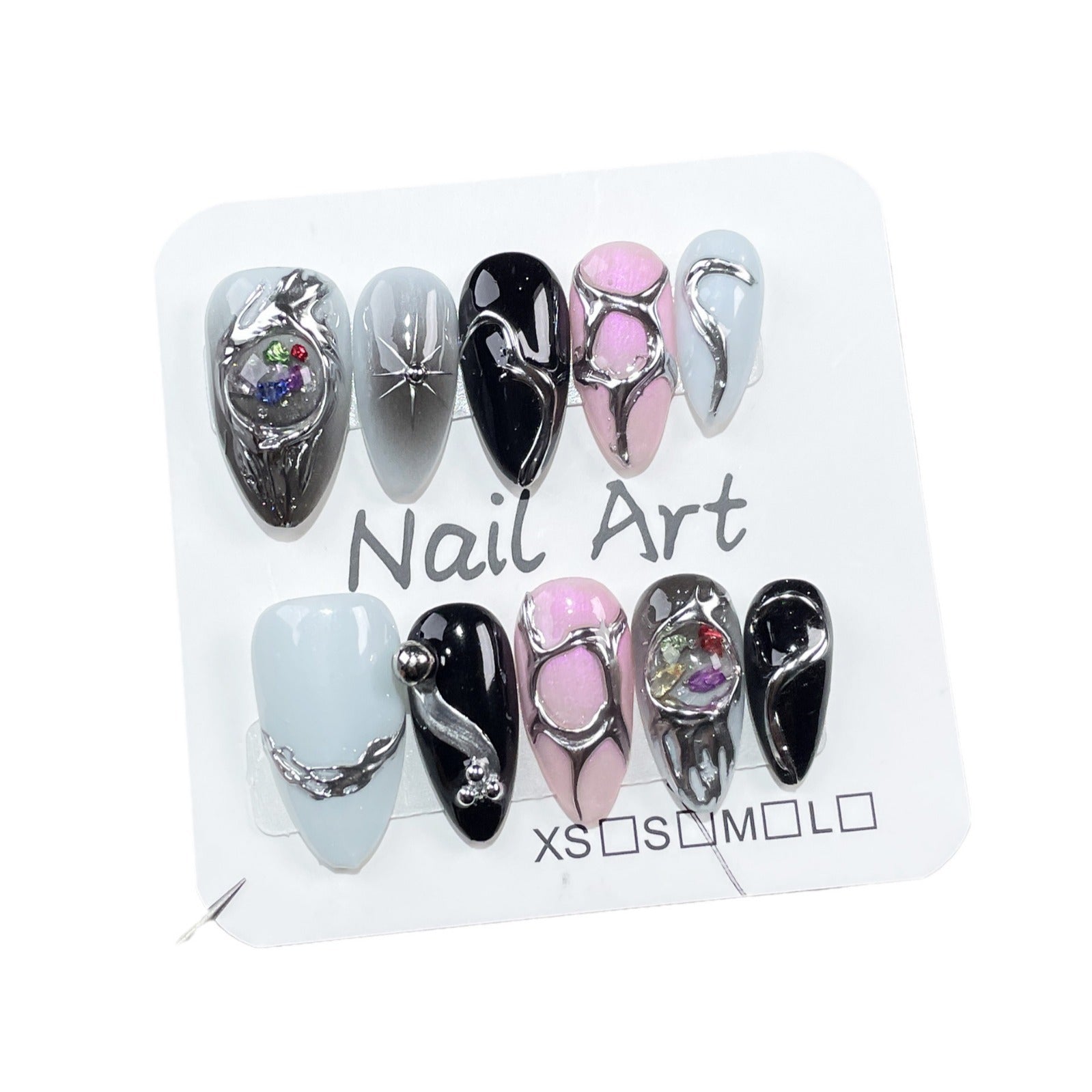 Sweet and cool  Handmade press on nails metal hand-painted irregular shape  almond nail wearable nail sticker｜365nails