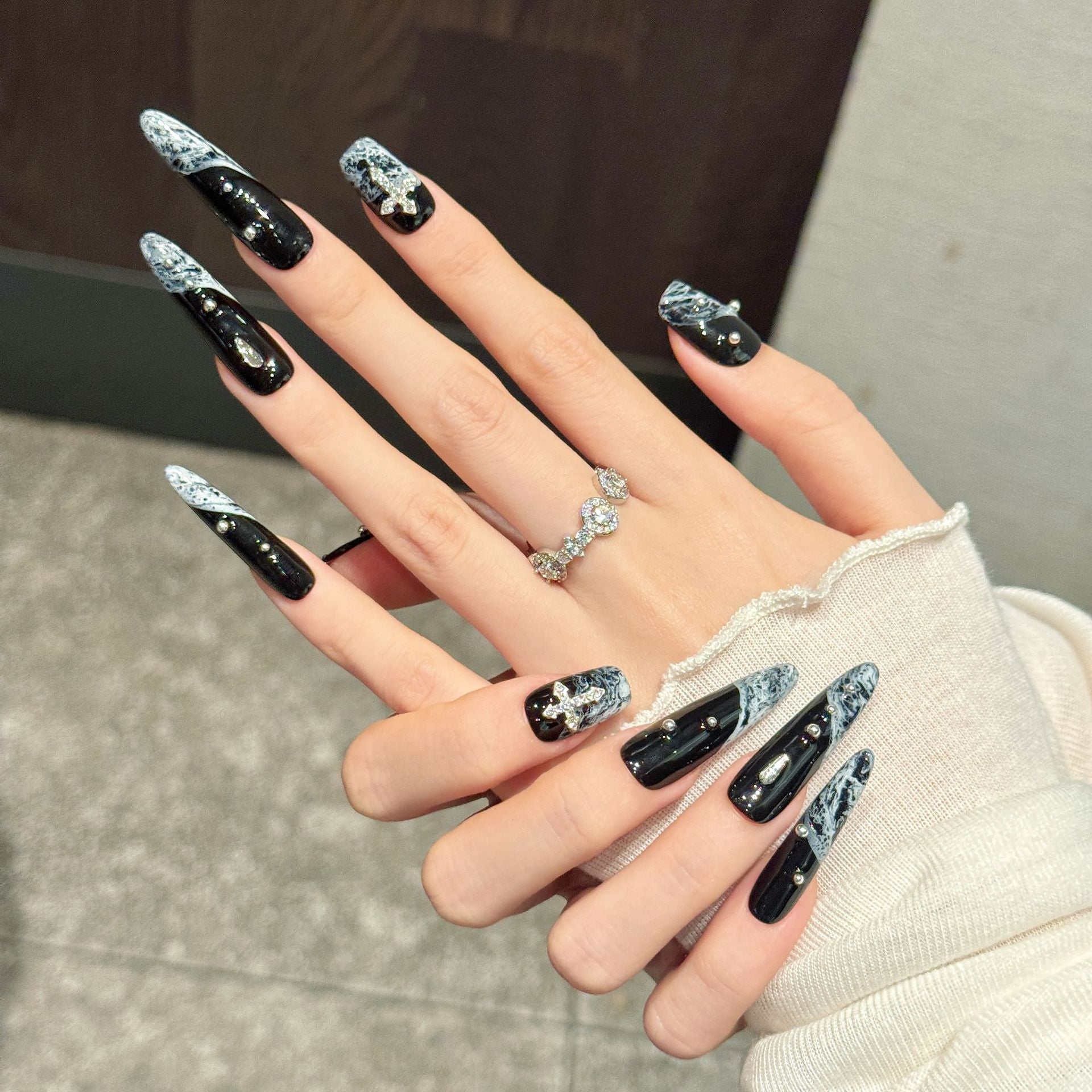 Gothic Black Night Sky Marble Cross Press-On Nails