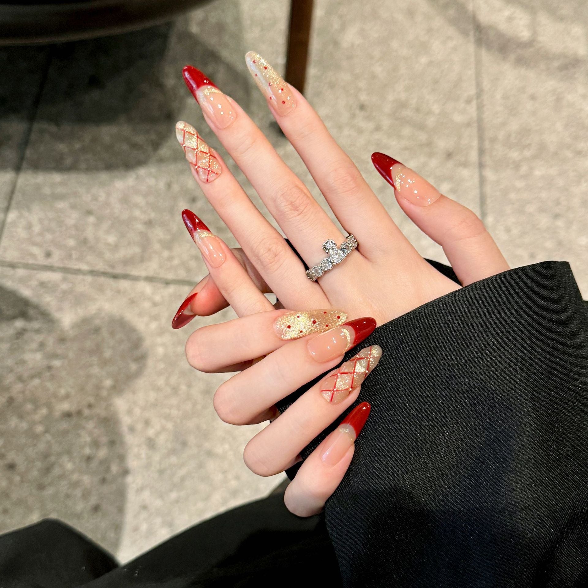 365nails: "Red Velvet Romance" – Handcrafted French Tip & Plaid Almond Nails