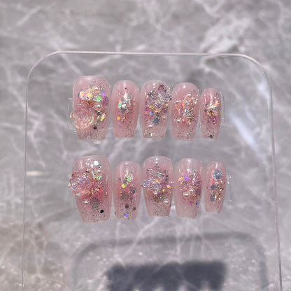 Handmade Press-on Nails blush sparkle three-dimensional camellia short nail patch wearable nail sticker wholesale｜365nails