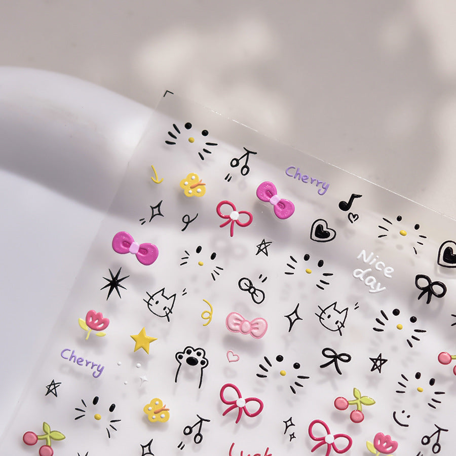 Cute Black Cat & Cherry: "Paw-sitive Sweet Day" – 5D Embossed Nail Sticker