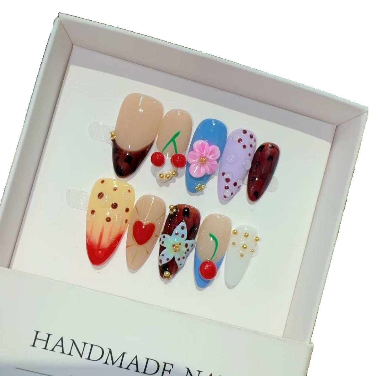 365nails: "Cherry Jubilee" – 3D 과일 수제 아몬드형 네일