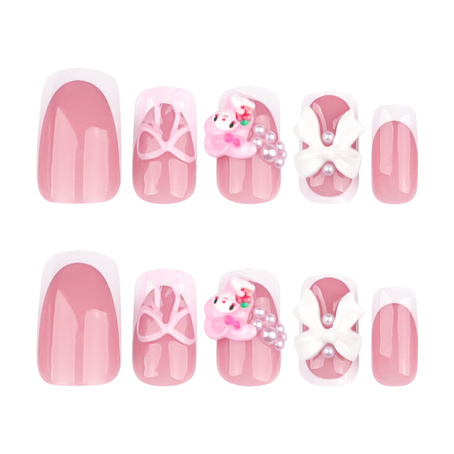 Sweet pink French white edge wearing nail three-dimensional bow fake nail short square manicure nail piece wholesale｜365nails