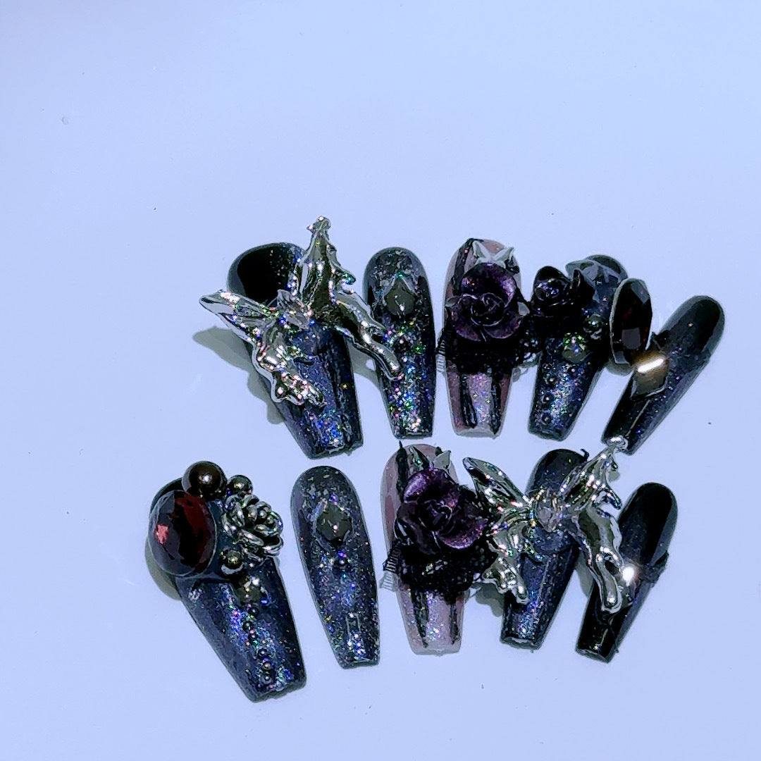 Gothic Press-On Nails with Dark Roses and Silver Dragon Charms
