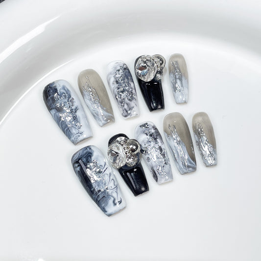 Handmade press on nails gray and white smudging temperament light luxury nail patch stack drill medium and long  sticker wholesale｜365nails