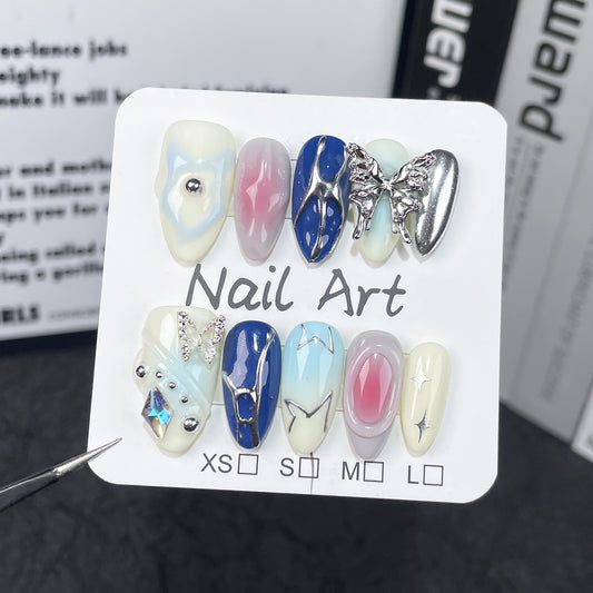 Sweet and cool colorful three-dimensional metal butterfly Handemade press on nails almond nail finished patch｜365nails
