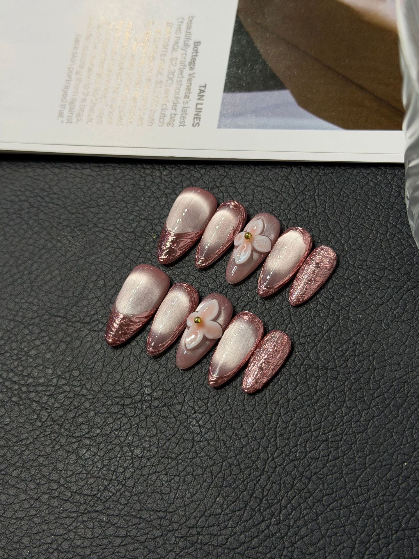 365nails: "Enchanted Bloom" – 3D Floral Pearl Handmade Almond Nails