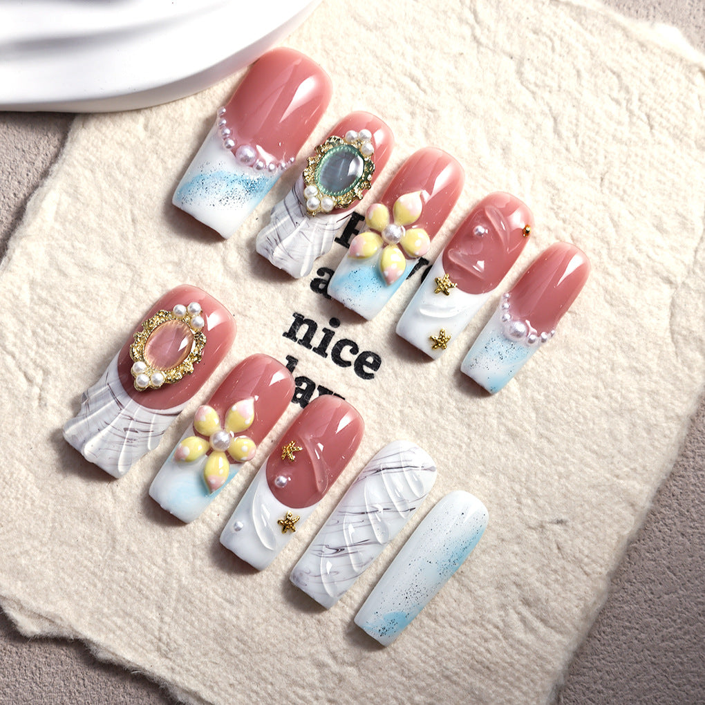 Pearl Floral Ocean Marble French Press On Nails