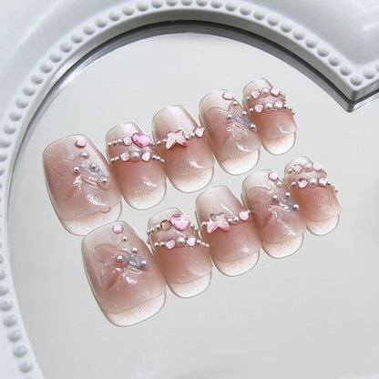 Nail Tips  prefabricated nail bright three-dimensional butterfly gradual change French cat eye sweet white diamond removable manicure 30 pieces｜365nails