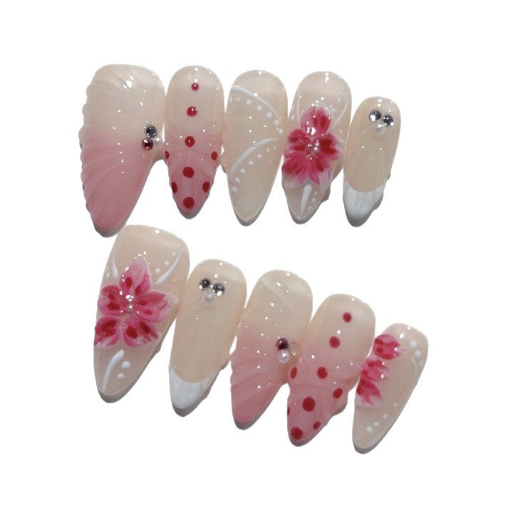Blush Floral: "Pink Cherry Dots" – Almond Shape Handmade Press-Ons