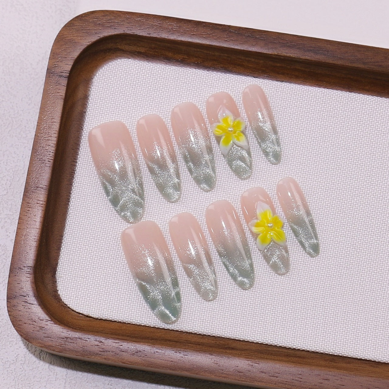 365nails-Misty Forest: "Green Floral" – Almond Shape Handmade 3D Carved Press-On Nails