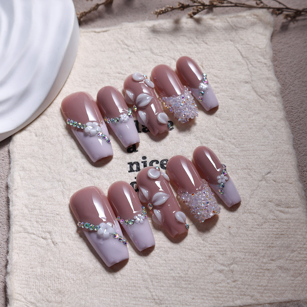Soft Nude Floral Crystal Elegant Press On Nails