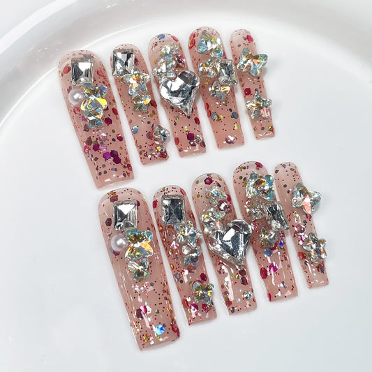 Pinças de água médias e longas, nail art, flash transparente cheio de diamantes, feito à mão, adesivos｜365nails