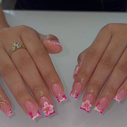 Unhas postiças com estampa de zebra rosa francesa, médias e longas, quadradas, manicure com flor 3D e unhas postiças ｜365nails