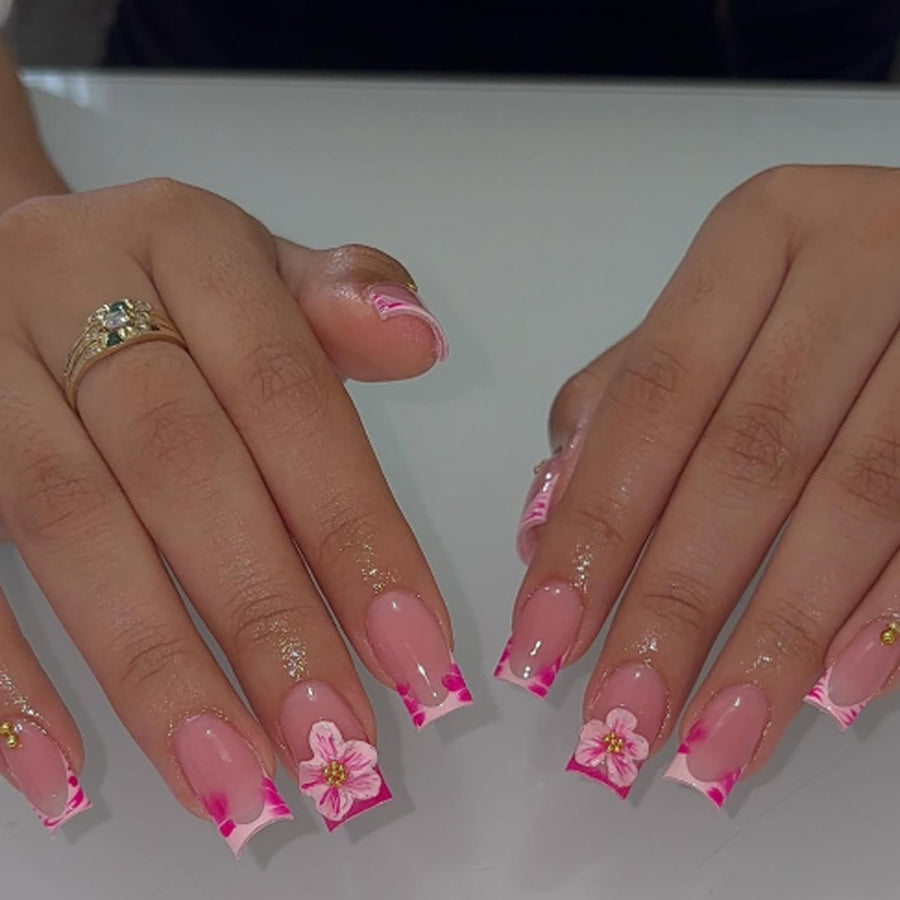 프렌치 핑크 지브라 패턴 프레스온 네일 미디엄·롱 스퀘어형 3D 플라워 프레스온 네일｜365nails
