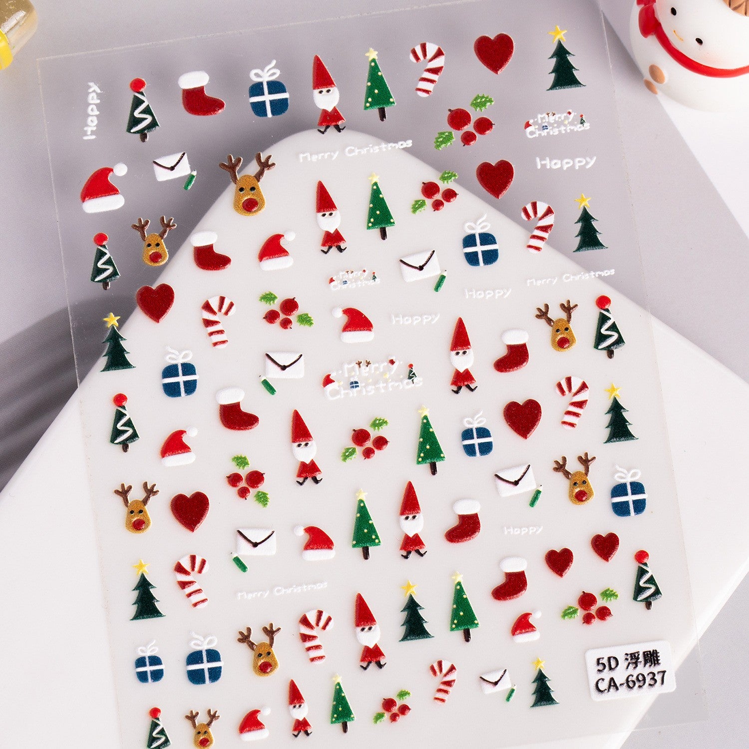 Christmas Atmosphere Nail Art Sticker 5D Embossed Three-dimensional Santa Elk Nail Sticker Ornament CA